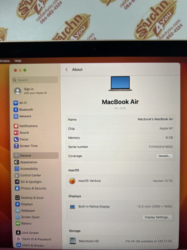 ขายถูกๆ MacBook Air M1 13 RAM8GB SSD256GB Cycle Count 4 มือ2สภาพมือ1 สีGold ศูนย์ไทย ตัวเครื่อง+Adapter+สายชาร์จ ประกันหมดแล้ว - Image 9