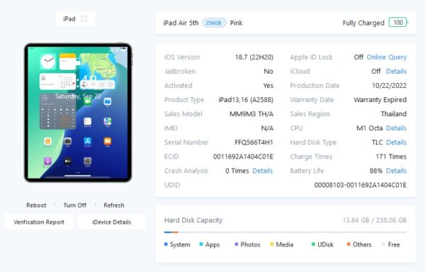ขายถูกๆ iPad Air 5 WiFi 256GB(ความจำเยอะ) การันตีความใหม่ สุขภาพแบต88% สีPink ศูนย์ไทย อุปกรณ์ไม่มีนะครับ มีแต่ตัวเครื่อง ไม่ติดiCloud ประกันหมดแล้ว - Image 12
