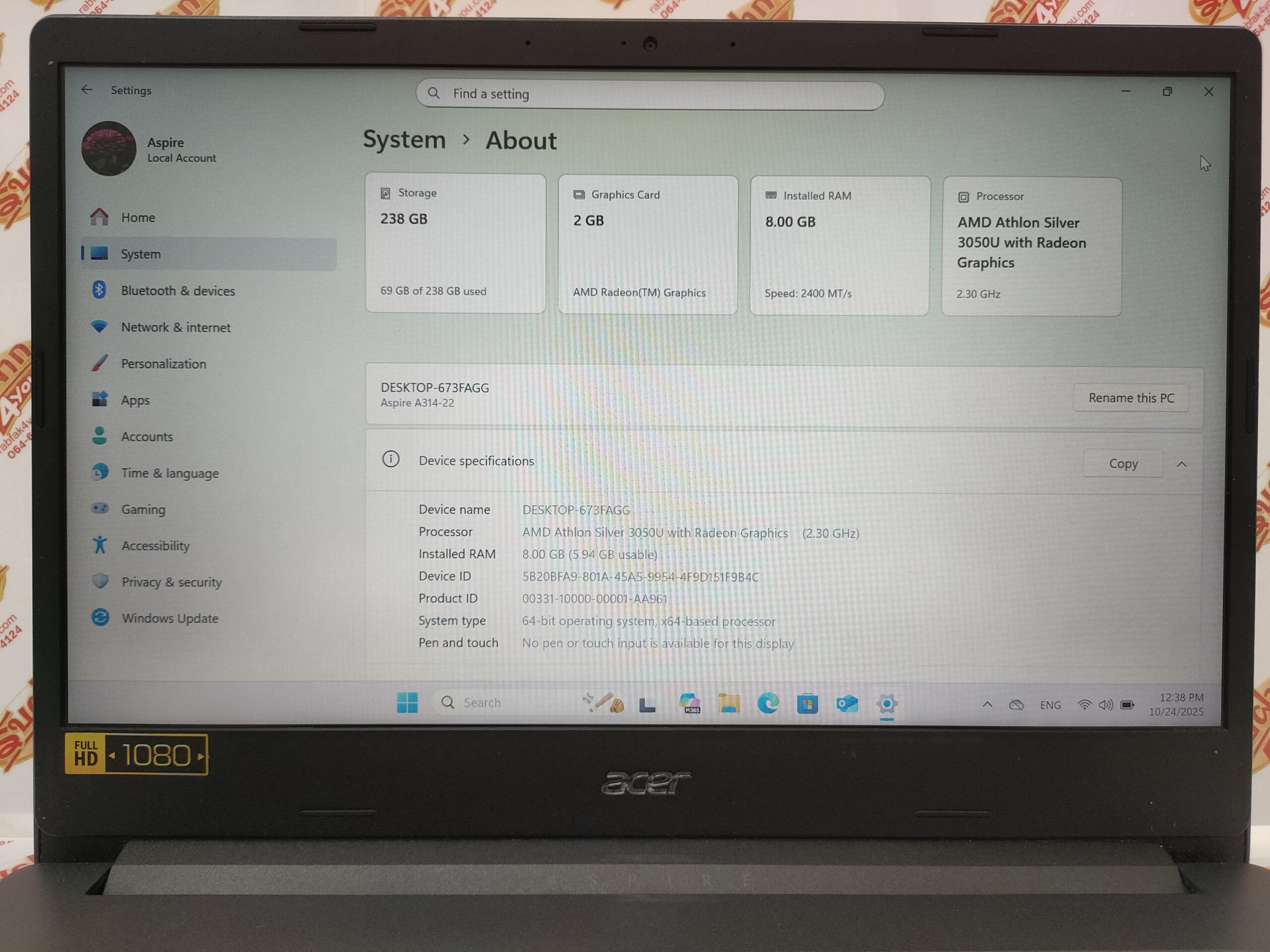 ขายถูกๆ ACER ASPIRE A314-22 CPU : AMD ATHLON SILVER 3050U / RAM : 8GB 2400MHz / SSD : 256GB สภาพ82% ตัวเครื่อง+สายชาร์จ ประกันหมดแล้ว - Image 11