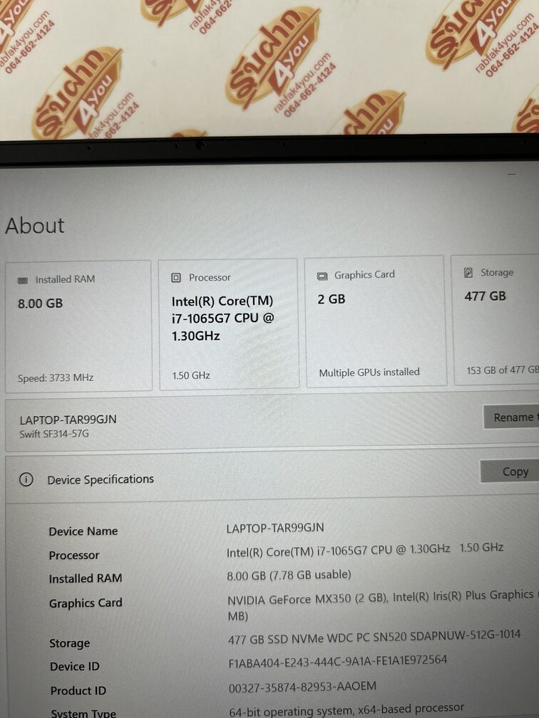 ขายถูก Acer Swift SF314 i7-1065G7/NVIDIA GeForce MX 350 2GB/RAM8GB/SSD512GB 14FHD คีร์บอร์ดมีไฟ สภาพสวย92% อุปกรณ์มี ตัวเครื่อง+สายชาร์จ ประกันหมดแล้ว - Image 9