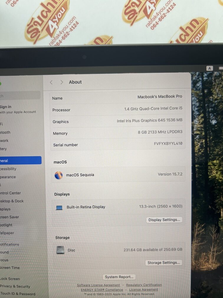 ขายถูก MacBook Pro 13 2019 มีทัศบาร์ i5 1.4GHz/RAM8GB/SSD256GB/13.3นิ้ว Cycle Count 202 สภาพสวย90% มีรอยขนแมวนิดหน่อยโดยรวมแล้วสวย อุปกรณ์ครบกล่อง - Image 9