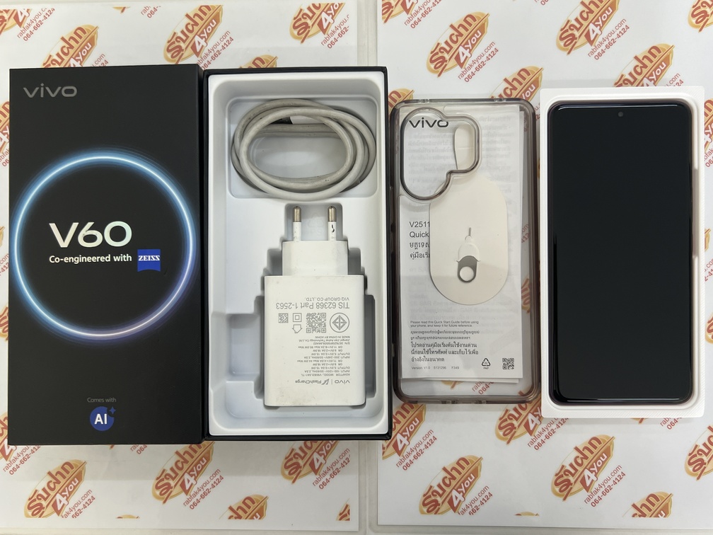 ขายถูก Vivo V60 5G RAM12GB ROM256GB สีPurple สภาพสวย93% อุปกรณ์ครบกล่องมี ตัวเครื่อง+หัวชาร์จ+สายชาร์จ+เข็ม+คู่มือ+เคส+กล่อง ไม่ติดสัญญา หมด 13 ตุลาคม 2569