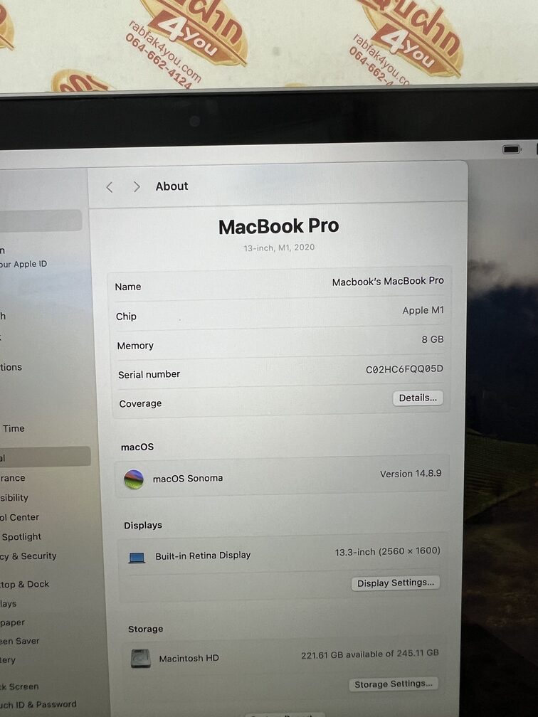 ขายถูก MacBook Pro 13นิ้ว M1 RAM8GB SSD256GB Cycle Count 39 สีSilver สภาพสวย93% อุปกรณ์ครบกล่องมี ตัวเครื่อง+Adapter+สายชาร์จ+คู่มือ+กล่อง ประกันหมดแล้ว - Image 10