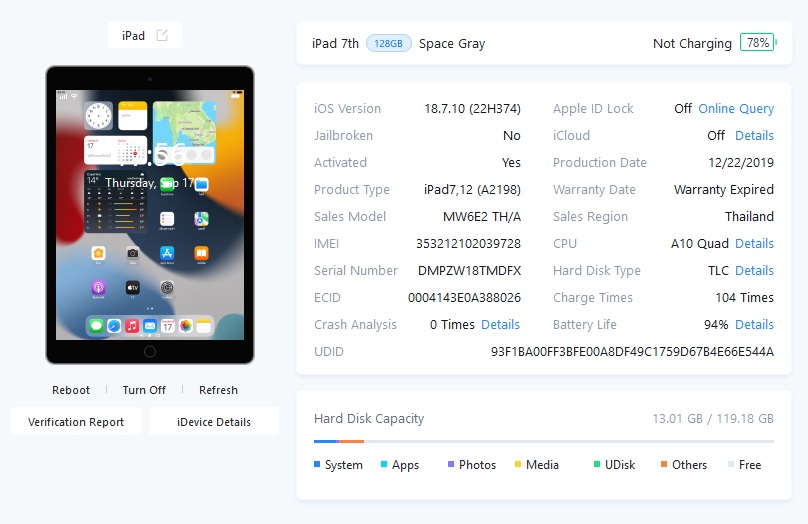 ขายถูก iPad Gen 7 Cell 128GB สุขภาพแบต94% การันตีความใหม่ สีSpace Gray ศูนย์ไทย อุปกรณ์ครบกล่อง(ขาดคู่มือกับเข็ม)มี ตัวเครื่อง+หัวชาร์จ+สายชาร์จ+กล่อง - Image 14
